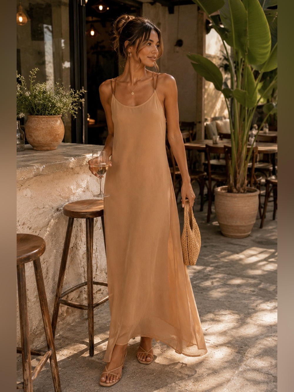 IN STYLE Slip Dress Tan Beige Dress Sleeveless V Neck Philippines Designer L